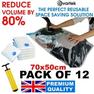 12 X LARGE SPACE SAVING VACUUM STORAGE BAGS CLOTHES BEDDING ORGANISER 70 X 50CM