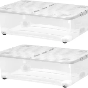 2 x 32L Under Bed Storage Boxes with Wheels & Lids Clear Stackable Clothes Shoe